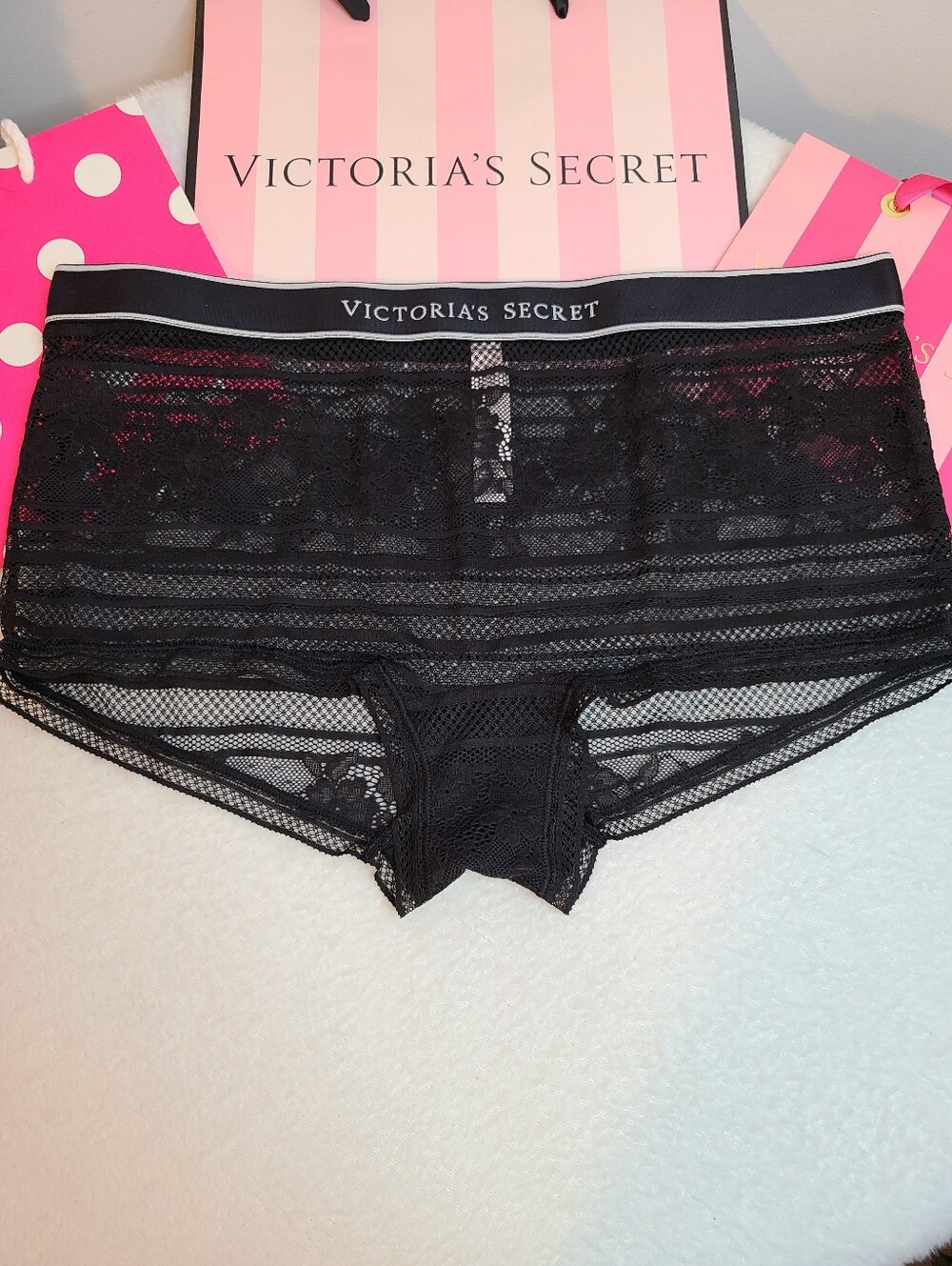 Victoria's Secret Sheer Lace Logo Band Boyshort Panty Size Lg Black